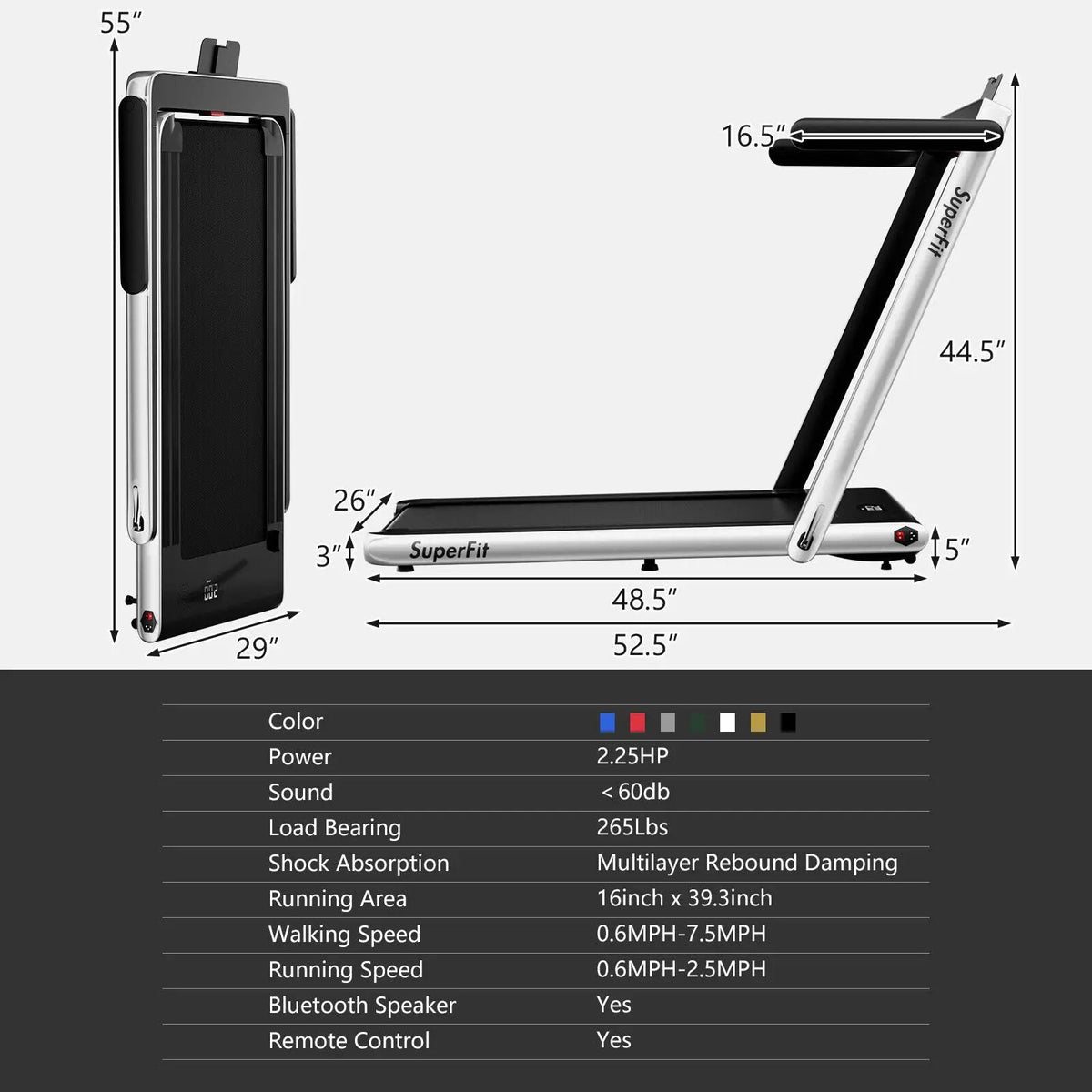 2.25HP 2 in 1 Folding Treadmill with APP Speaker Remote Control by DirectDeals