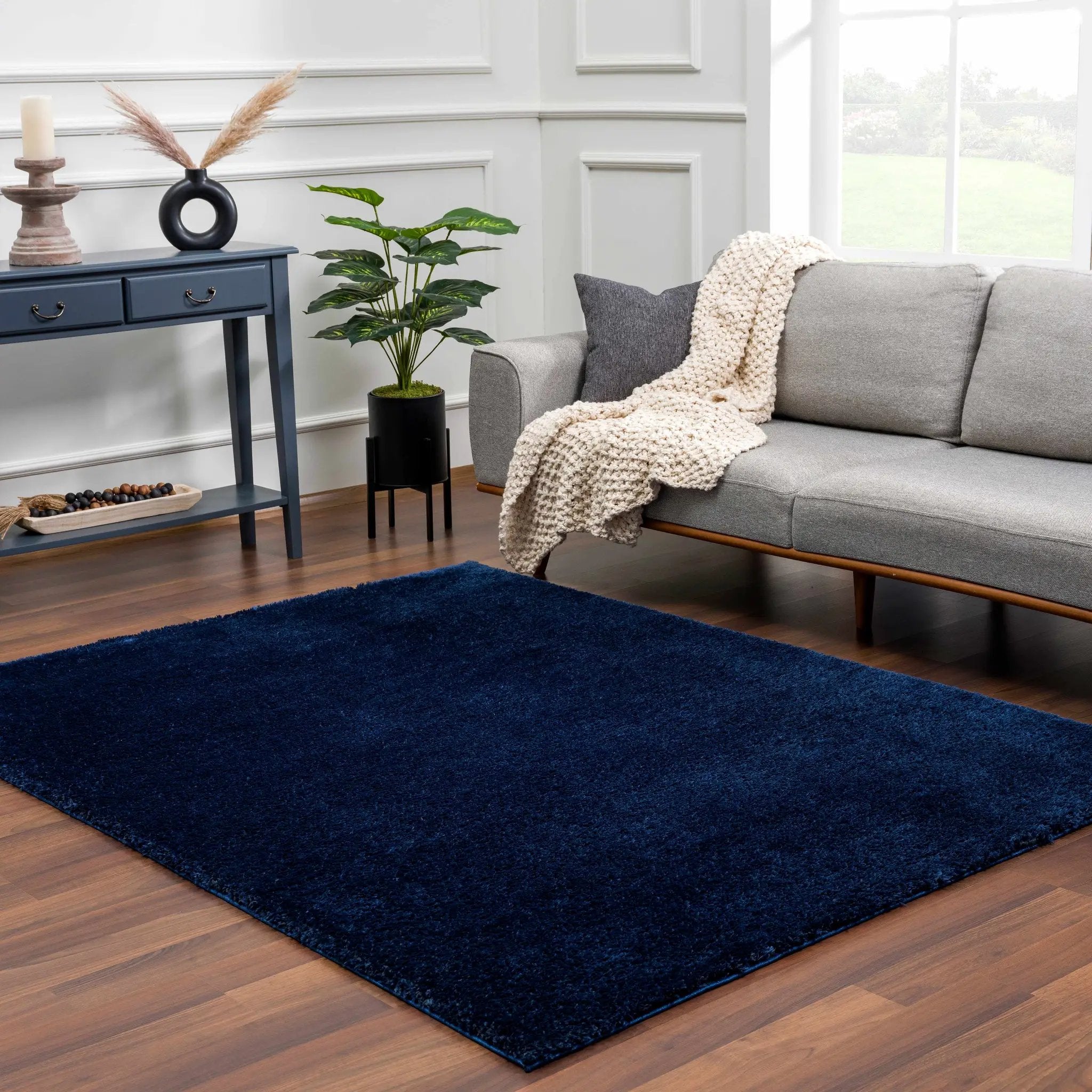 Navero Dark Blue Subtle Wavy Abstract Modern Minimalist Polyester Machine Woven Area Rug - Clearance by Boutique Rugs