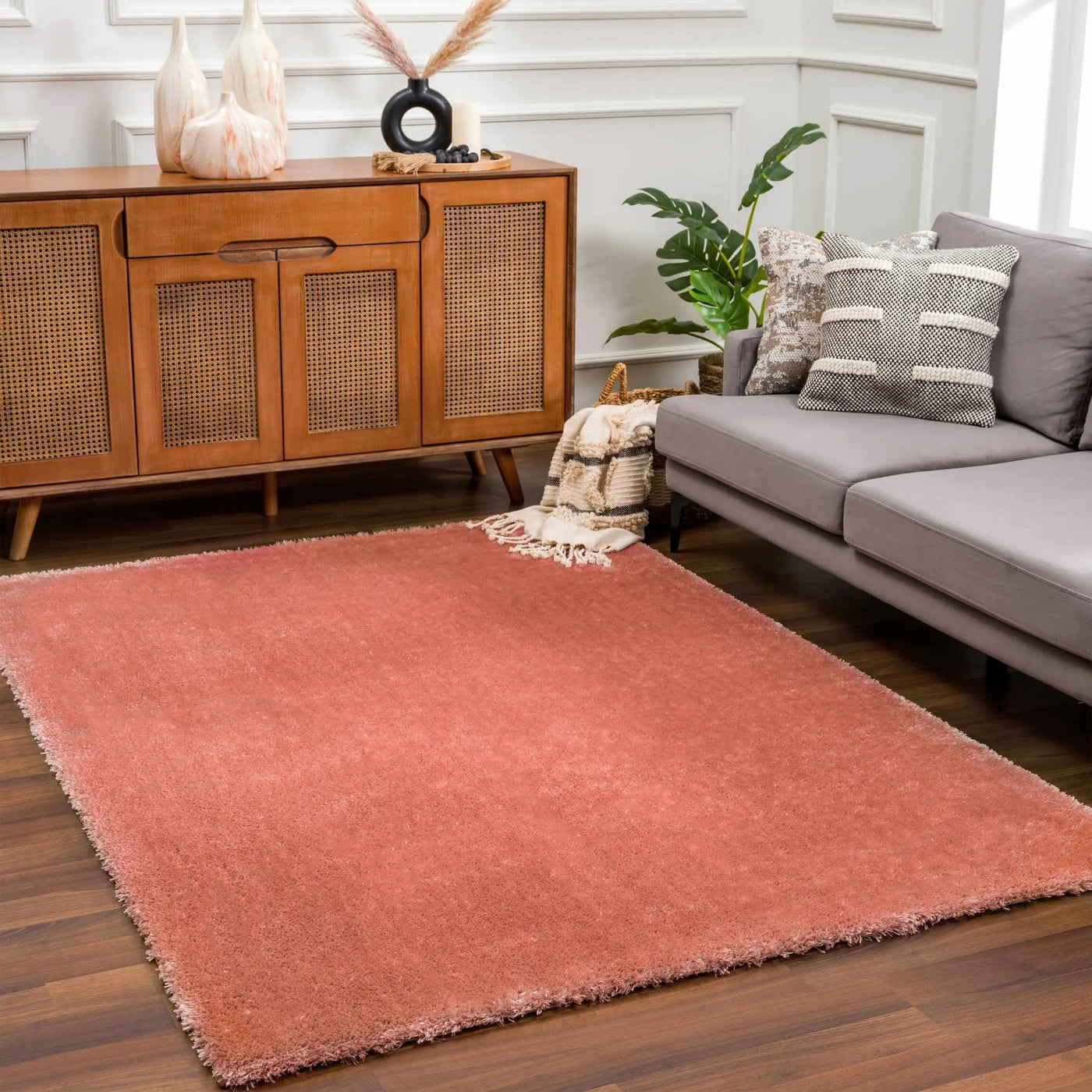 Rosava Dusty Pink Subtle Wavy Abstract Modern Minimalist Polyester Machine Woven Area Rug - Clearance by Boutique Rugs