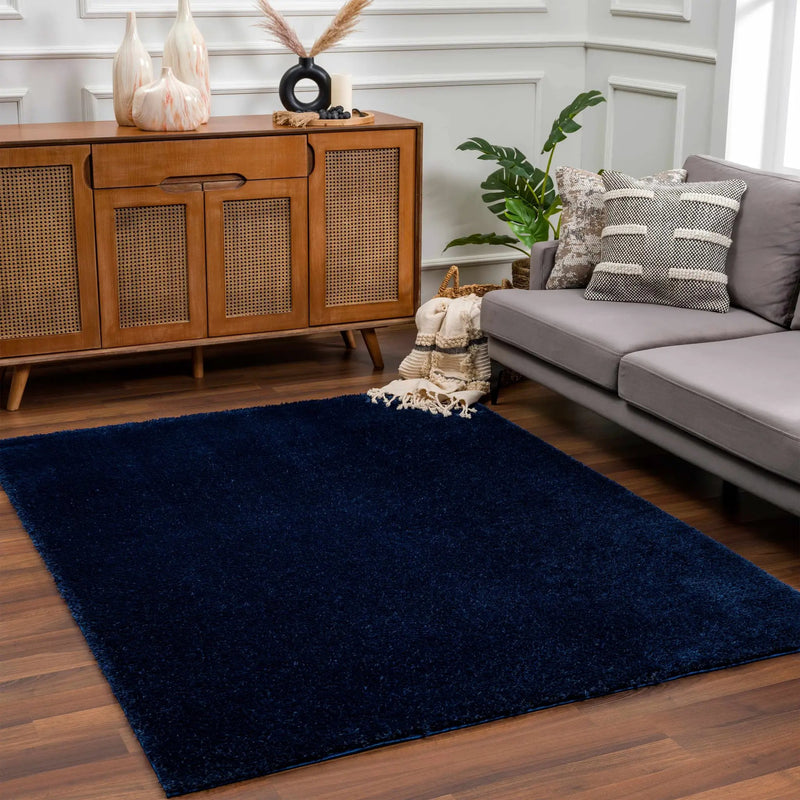 Navero Dark Blue Subtle Wavy Abstract Modern Minimalist Polyester Machine Woven Area Rug - Clearance by Boutique Rugs