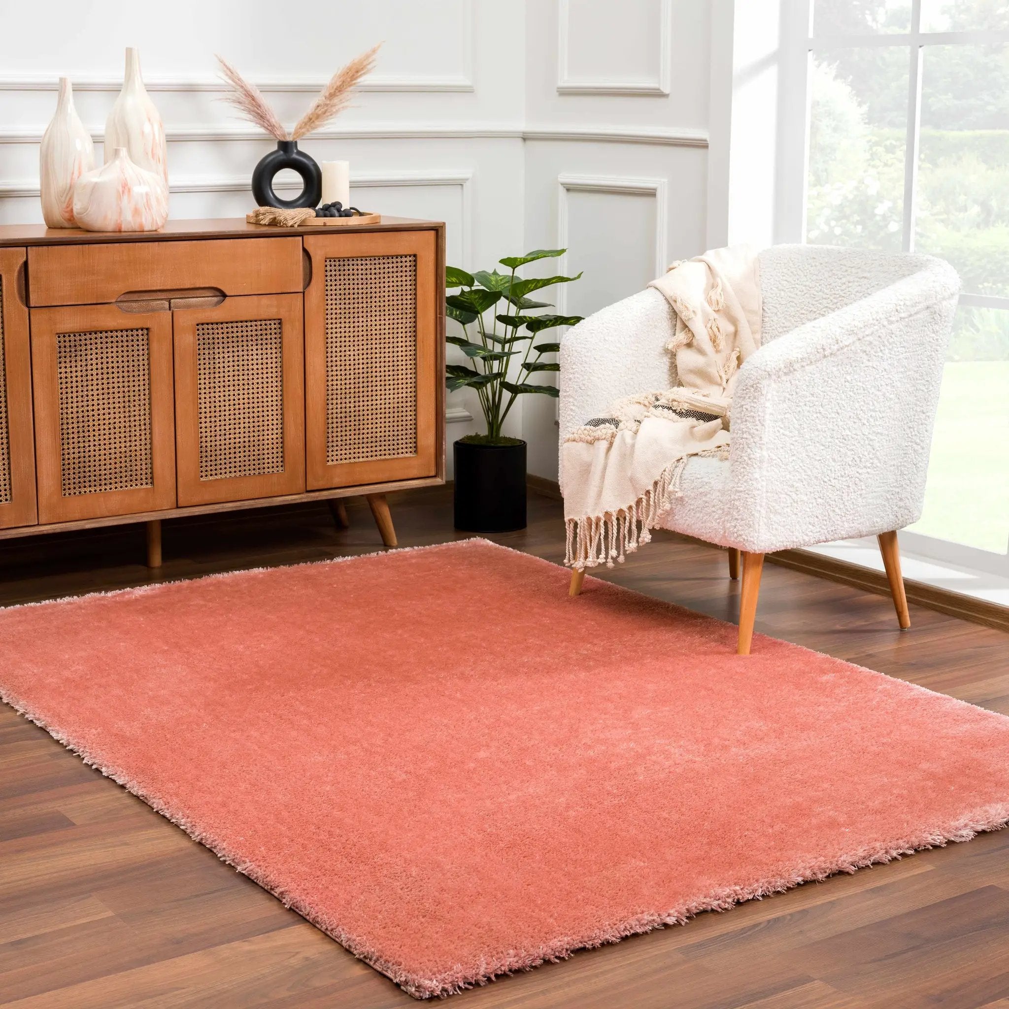 Rosava Dusty Pink Subtle Wavy Abstract Modern Minimalist Polyester Machine Woven Area Rug - Clearance by Boutique Rugs