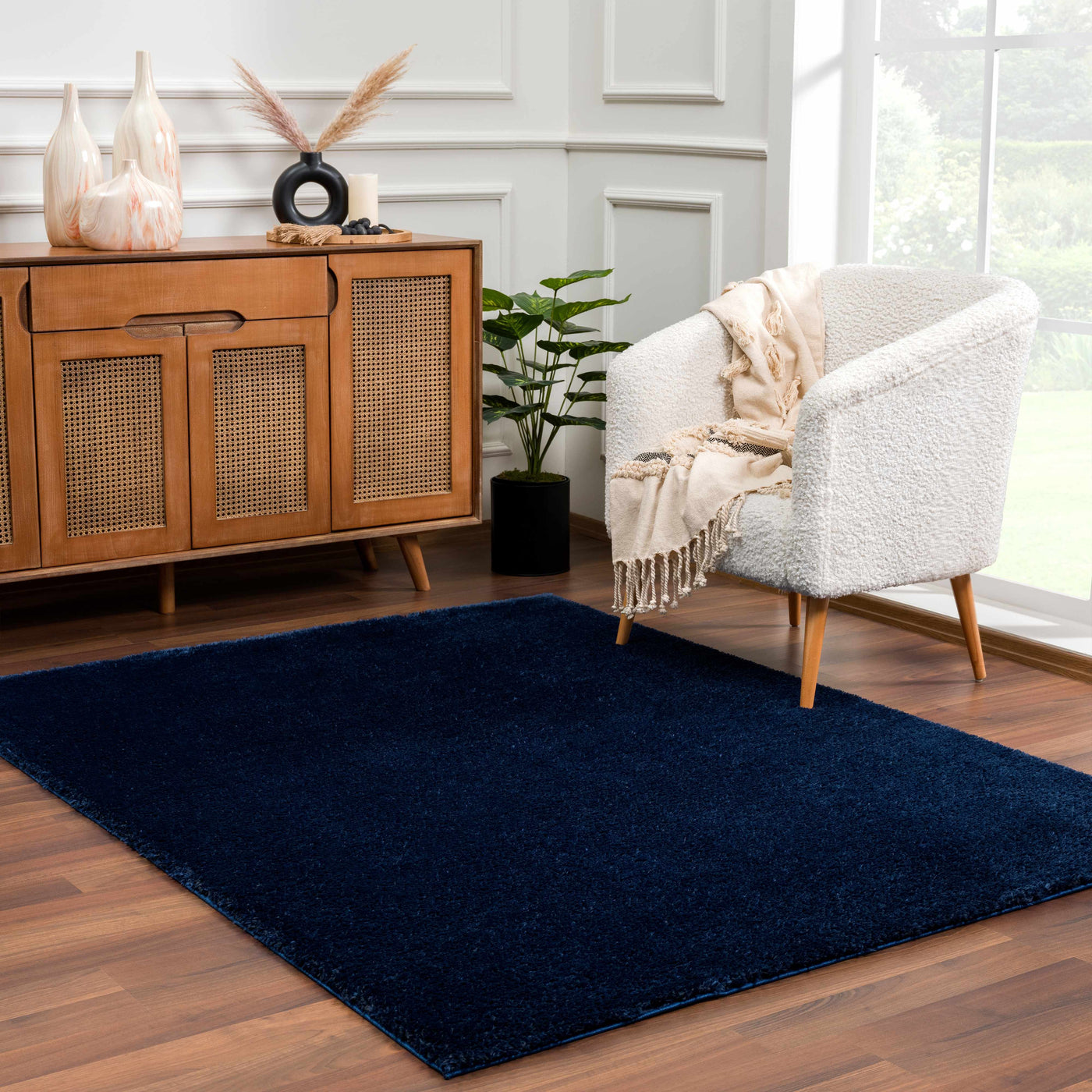 Navero Dark Blue Subtle Wavy Abstract Modern Minimalist Polyester Machine Woven Area Rug - Clearance by Boutique Rugs