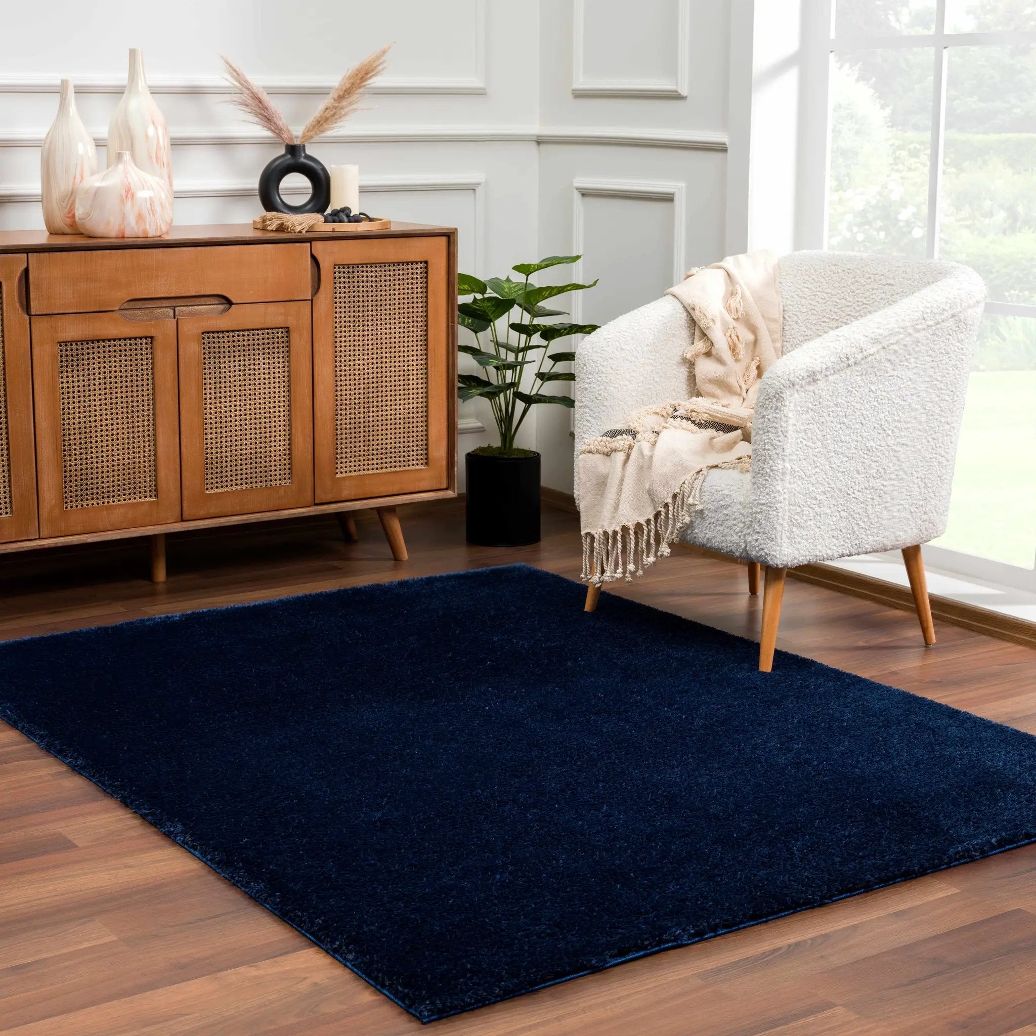Navero Dark Blue Subtle Wavy Abstract Modern Minimalist Polyester Machine Woven Area Rug - Clearance by Boutique Rugs