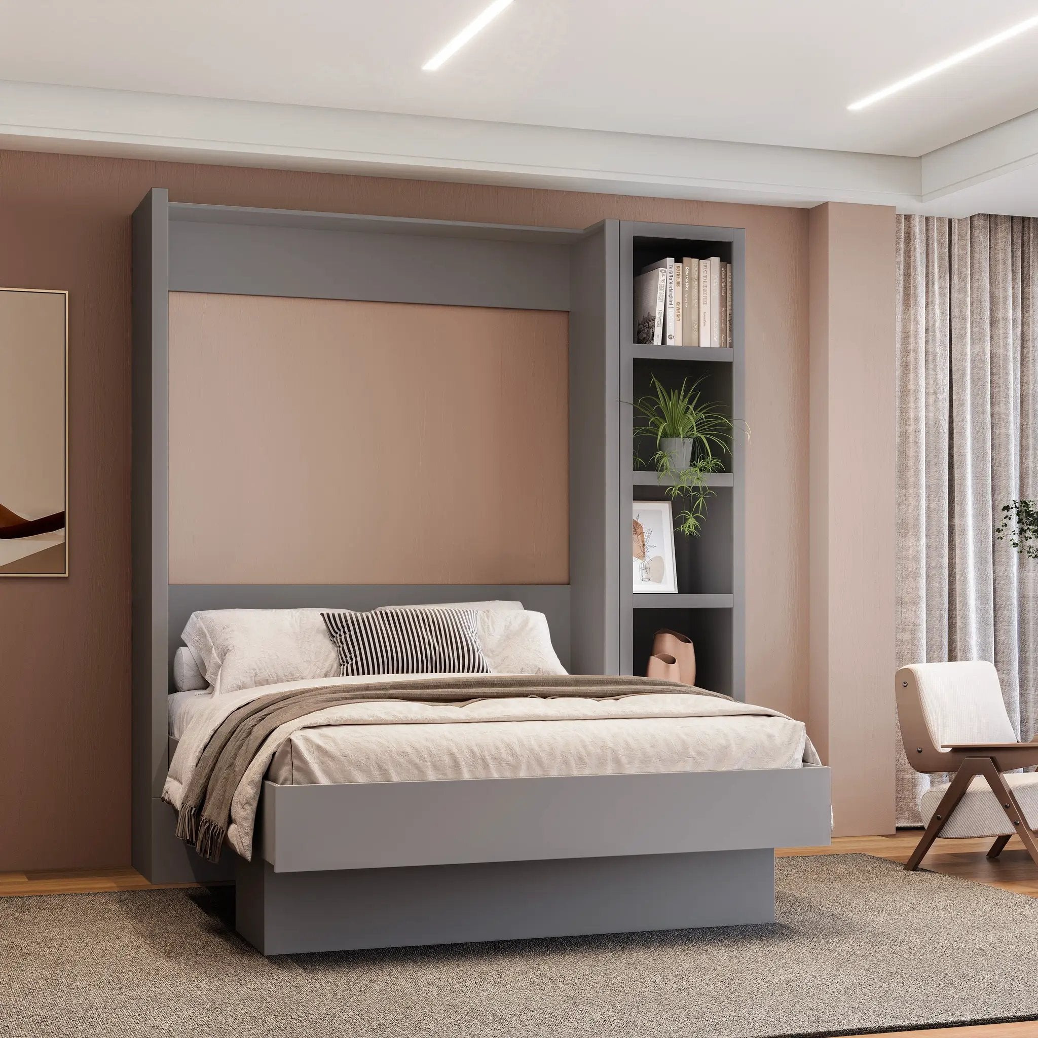Easy-Lift Full Murphy Wall Bed in Grey with Bookshelf by Sharicks