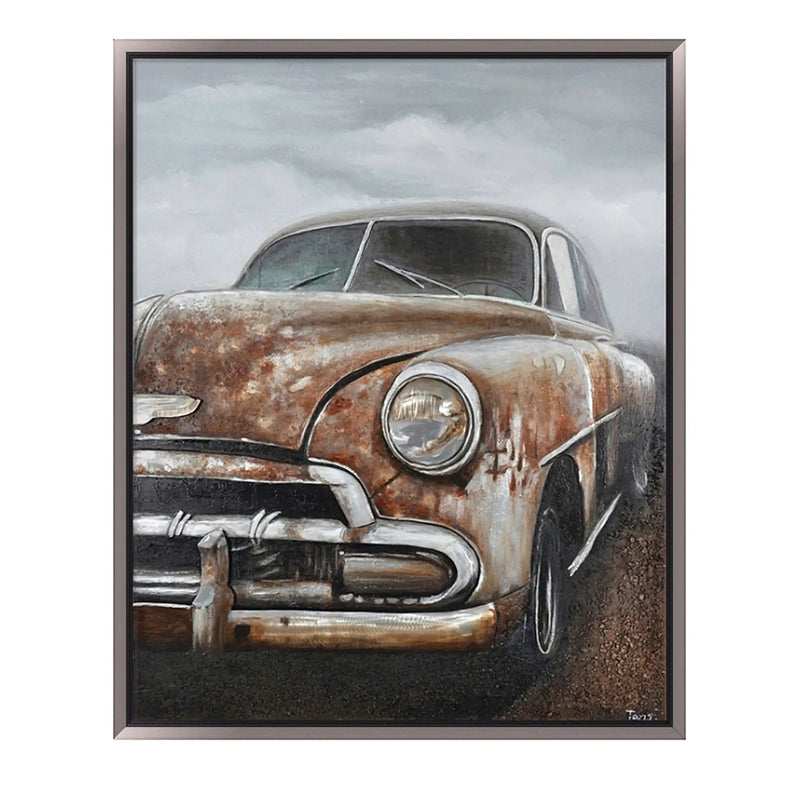 Hand Painted Acrylic and Aluminum 3D Wall Art Vintage Car 47 x 59 Rectangular Canvas with a Dark Brown Wooden Frame by Sharicks