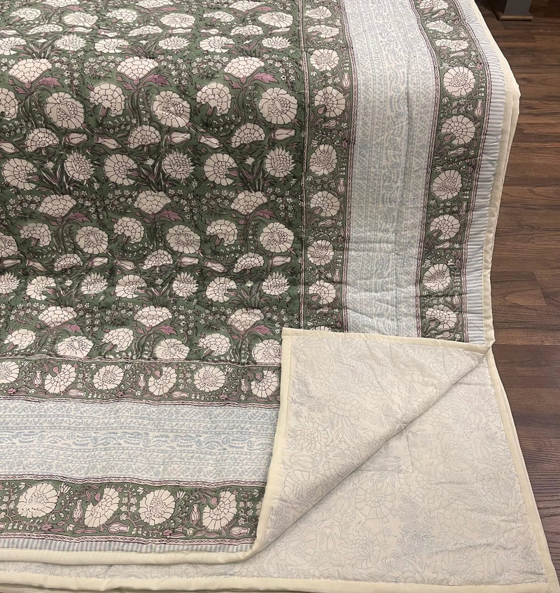 House of Avana Cream & Golden Yellow Rust Floral Jaipur Indian Hand Block Print Quilted Comforter by House Of Avana