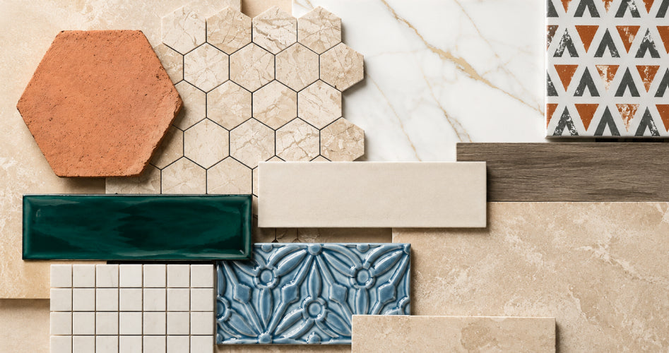 Flat lay of tile samples in marble, terracotta, ceramic and stone