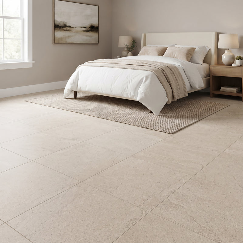 Beige stone-look floor tiles in a modern, neutral-toned bedroom setting with a bed, nightstands, lamps, and a rug.