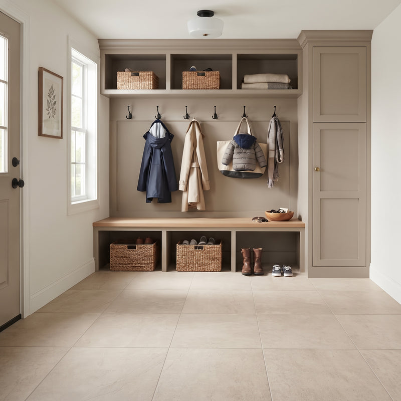 A modern mudroom entryway with a built-in bench, open shelving, coat hooks with hanging coats, woven baskets, and a tall cabinet, shown in a clean, staged interior.