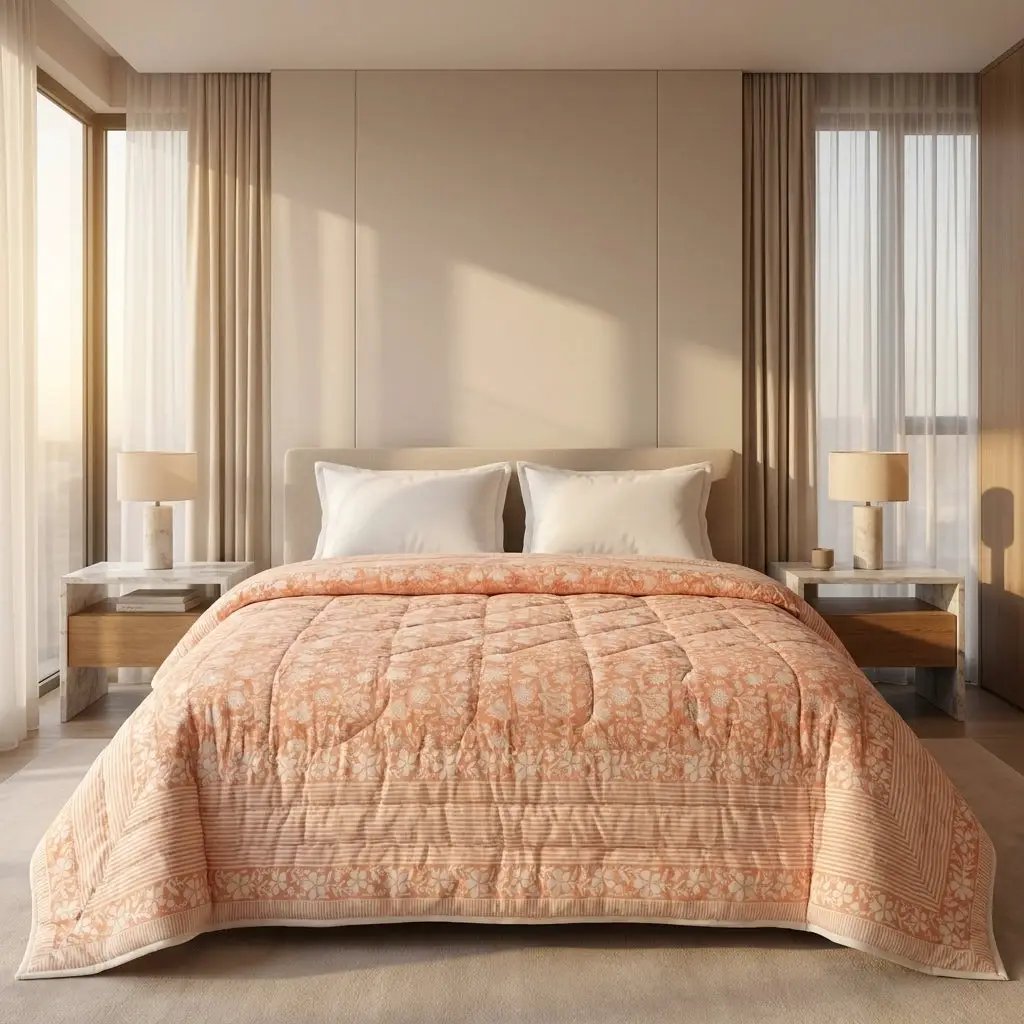 House of Avana Peach & Cream Floral Jaipur Indian Hand Block Print Quilted Comforter by House Of Avana