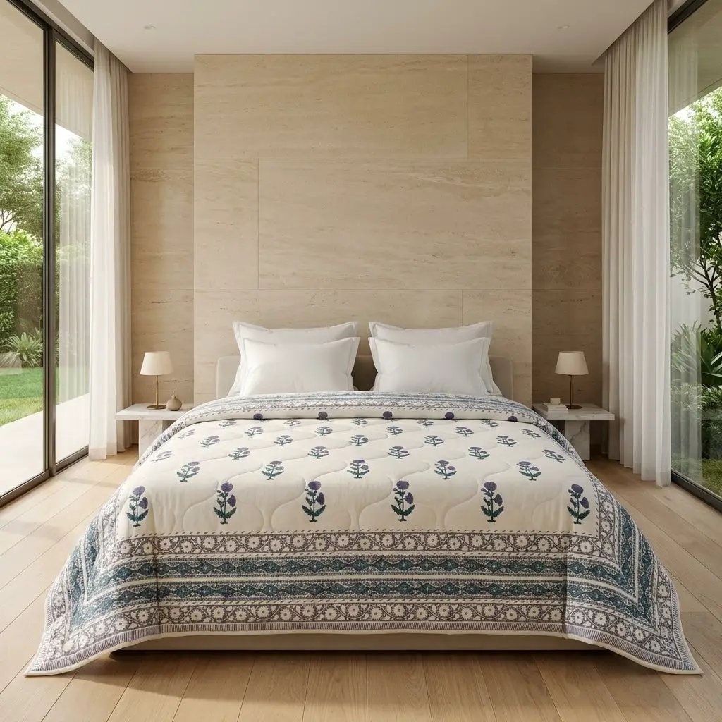 House of Avana Cream & Indigo Blue Floral Jaipur Indian Hand Block Print Quilted Comforter by House Of Avana
