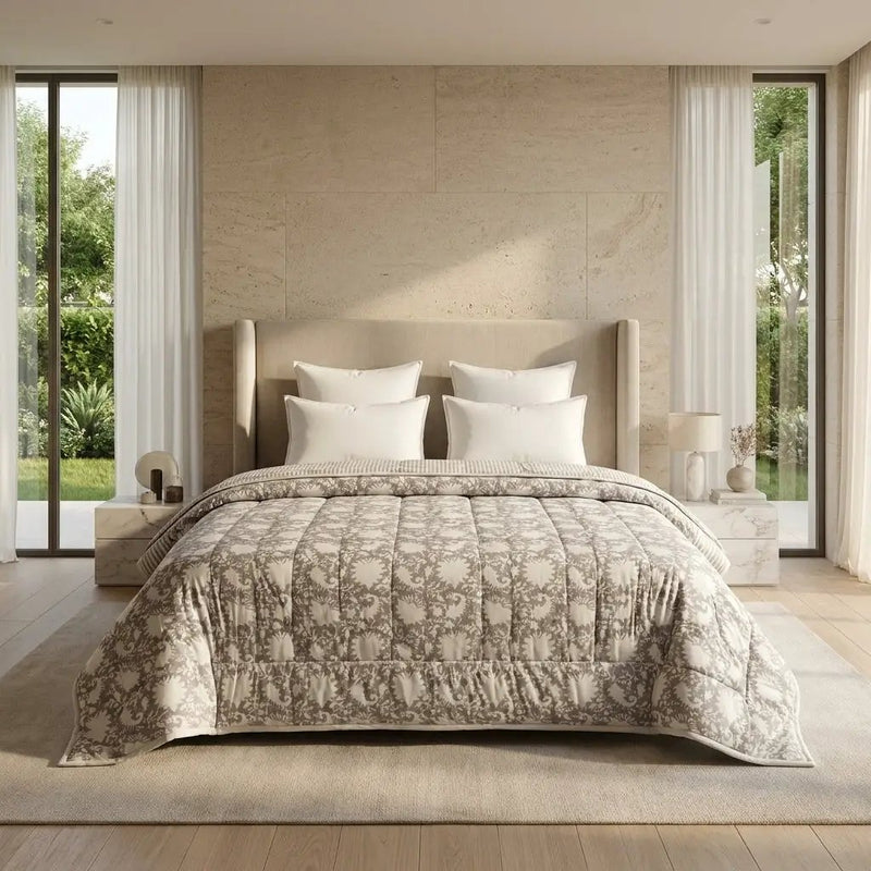 House of Avana Cream & Rust Purple Floral Jaipur Indian Hand Block Print Quilted Comforter by House Of Avana