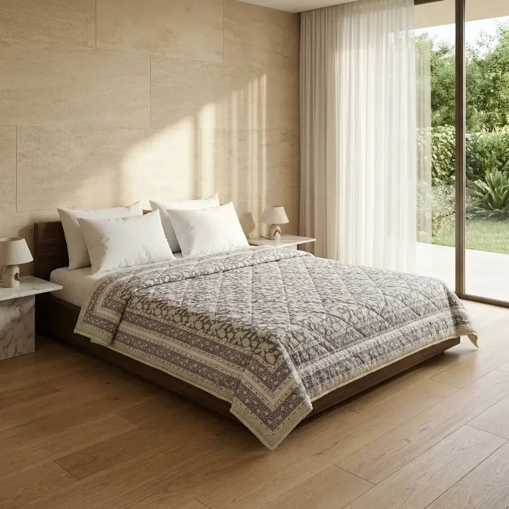 House of Avana Cream & Taupe Floral Jaipur Indian Hand Block Print Quilted Comforter by House Of Avana