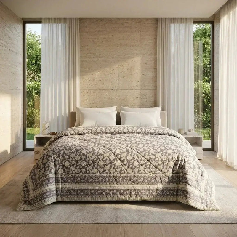 House of Avana Cream & Taupe Floral Jaipur Indian Hand Block Print Quilted Comforter by House Of Avana