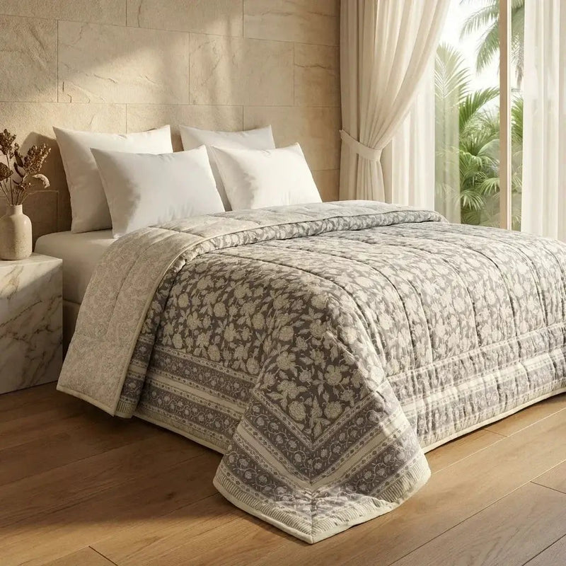 House of Avana Cream & Taupe Floral Jaipur Indian Hand Block Print Quilted Comforter by House Of Avana