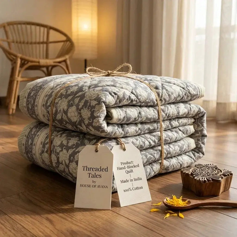 House of Avana Cream & Taupe Floral Jaipur Indian Hand Block Print Quilted Comforter by House Of Avana