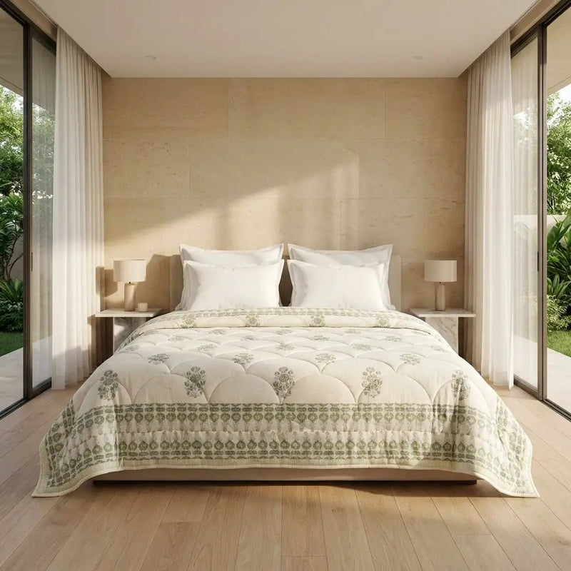 House of Avana Sage Green & Cream Mauve Floral Jaipur Indian Hand Block Print Quilted Comforter by House Of Avana