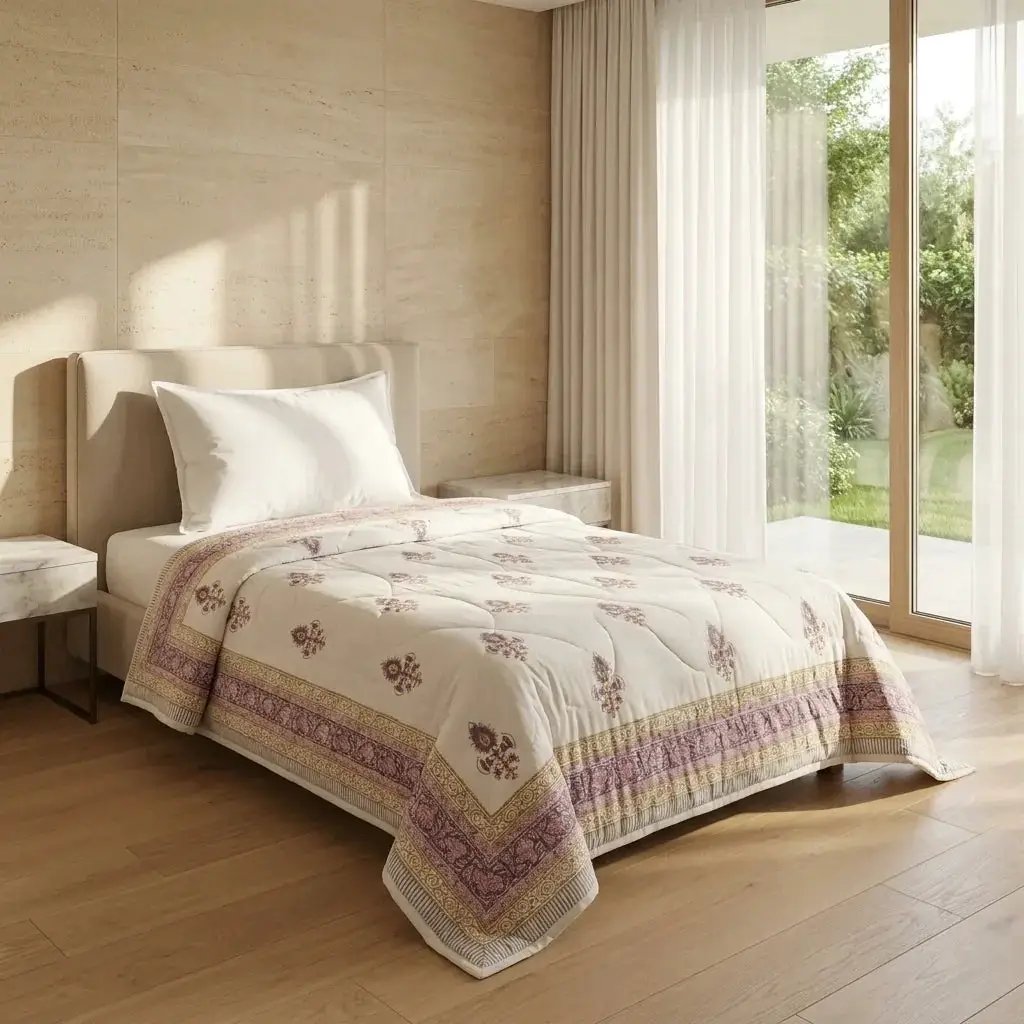 Sanganer Print Single Bed Quilt with Purple Floral Motifs by House Of Avana