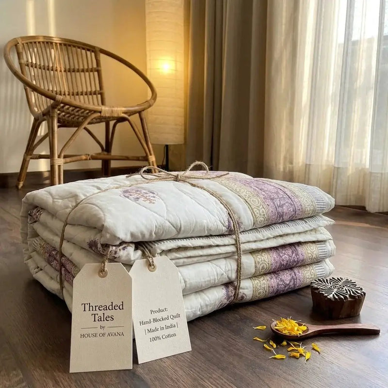 Sanganer Print Single Bed Quilt with Purple Floral Motifs by House Of Avana