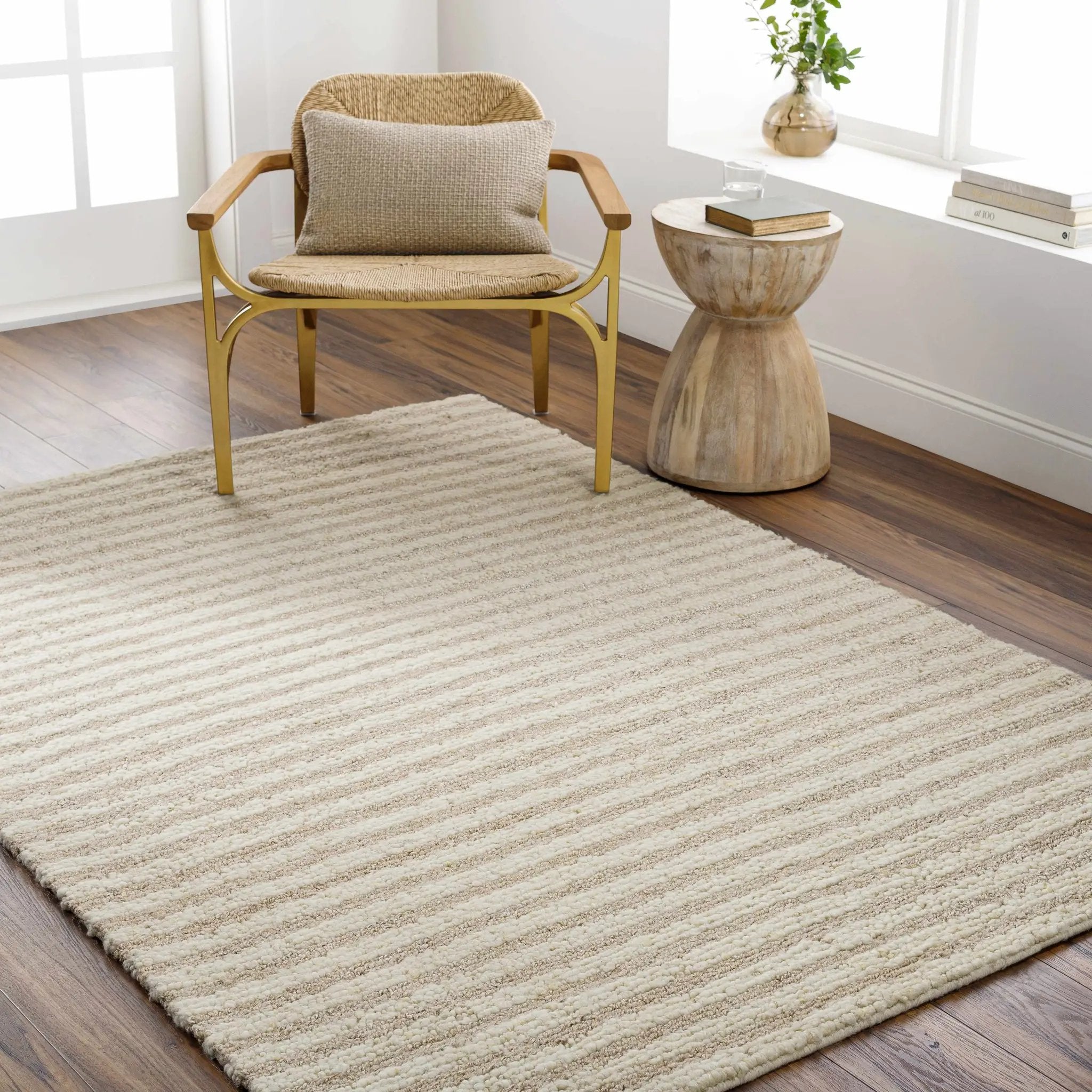 Saku Cream Striped Wool Rug - Clearance by Boutique Rugs