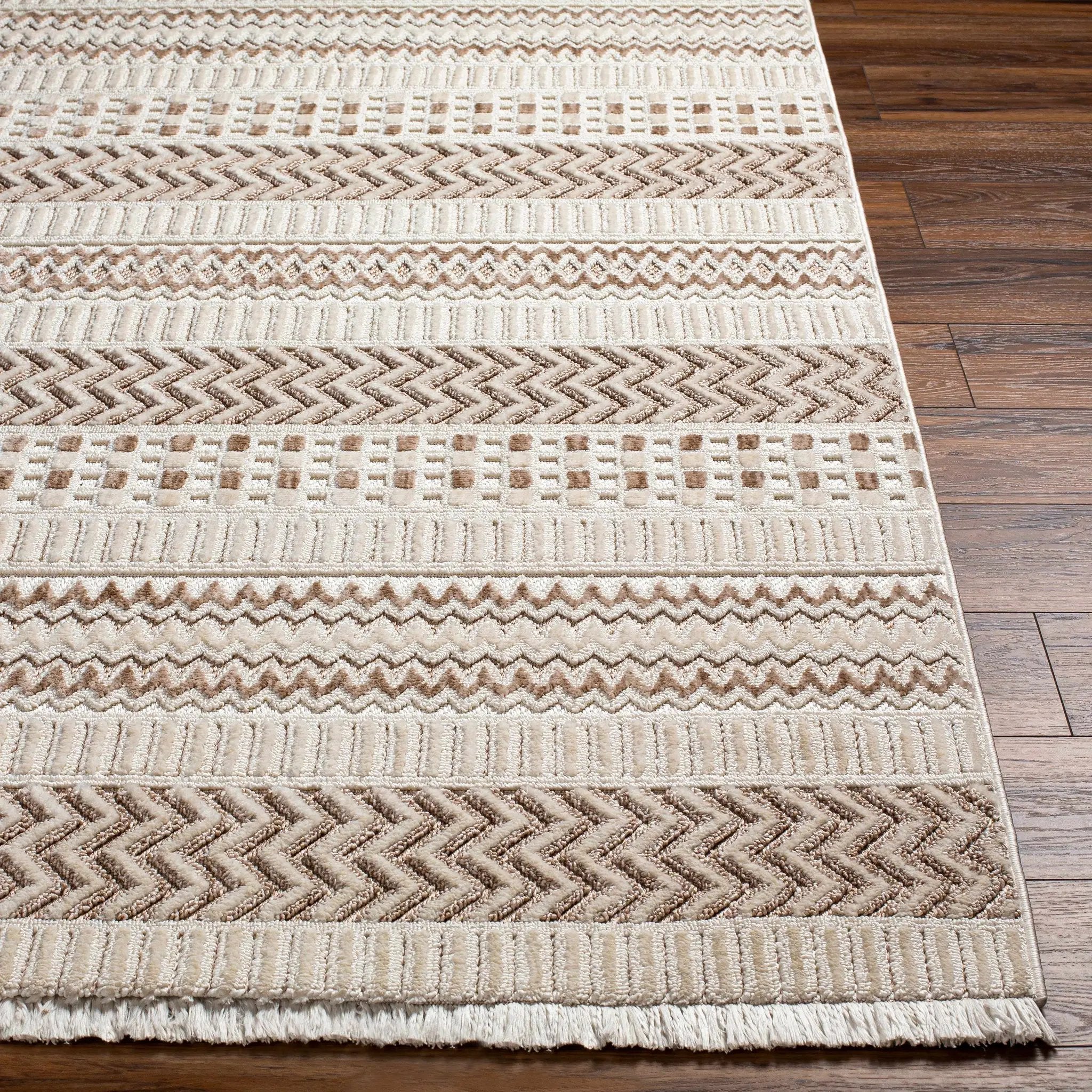 Eiko Beige Textured Saxony Rug with Fringes - Clearance by Boutique Rugs