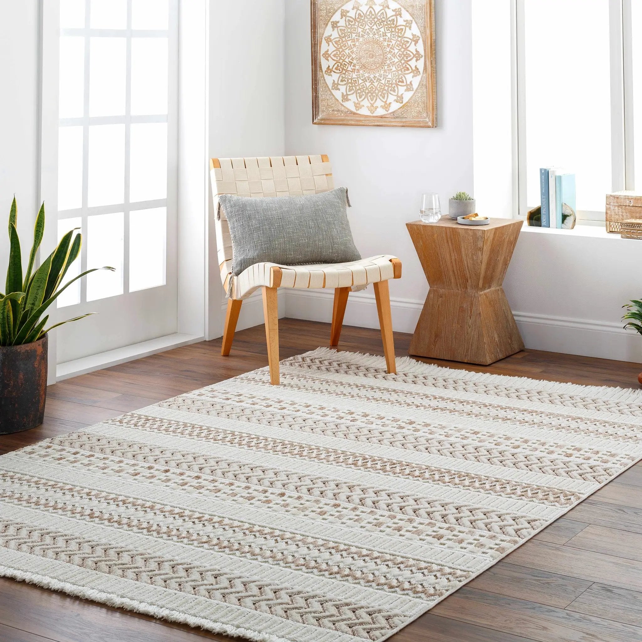 Eiko Beige Textured Saxony Rug with Fringes - Clearance by Boutique Rugs