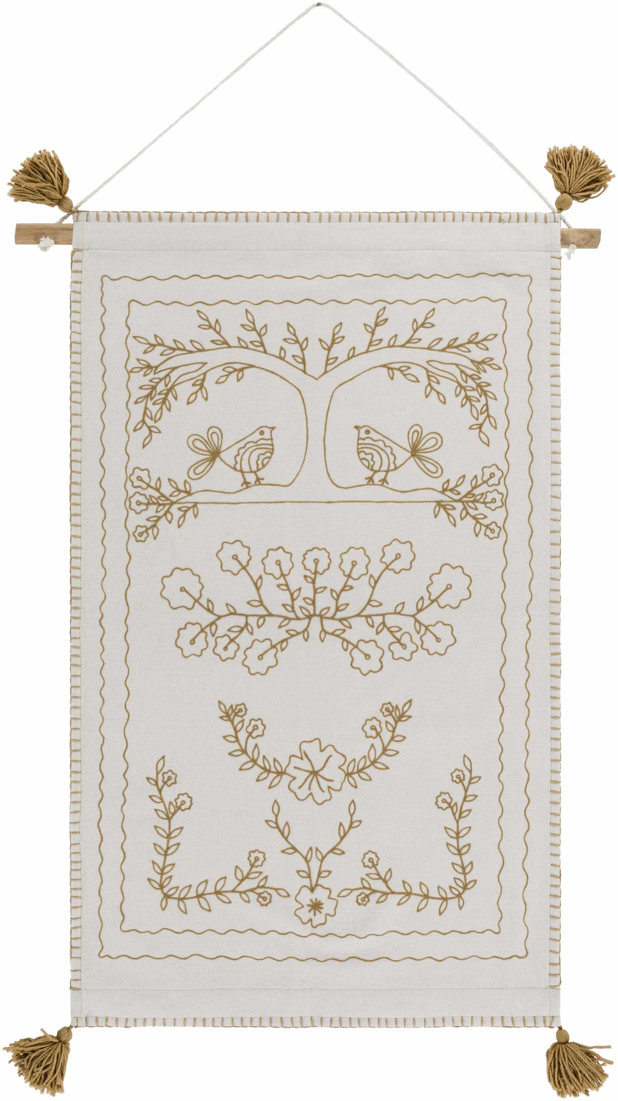 Schaffer Golden Embroidered Floral Wall Hanging by Boutique Rugs