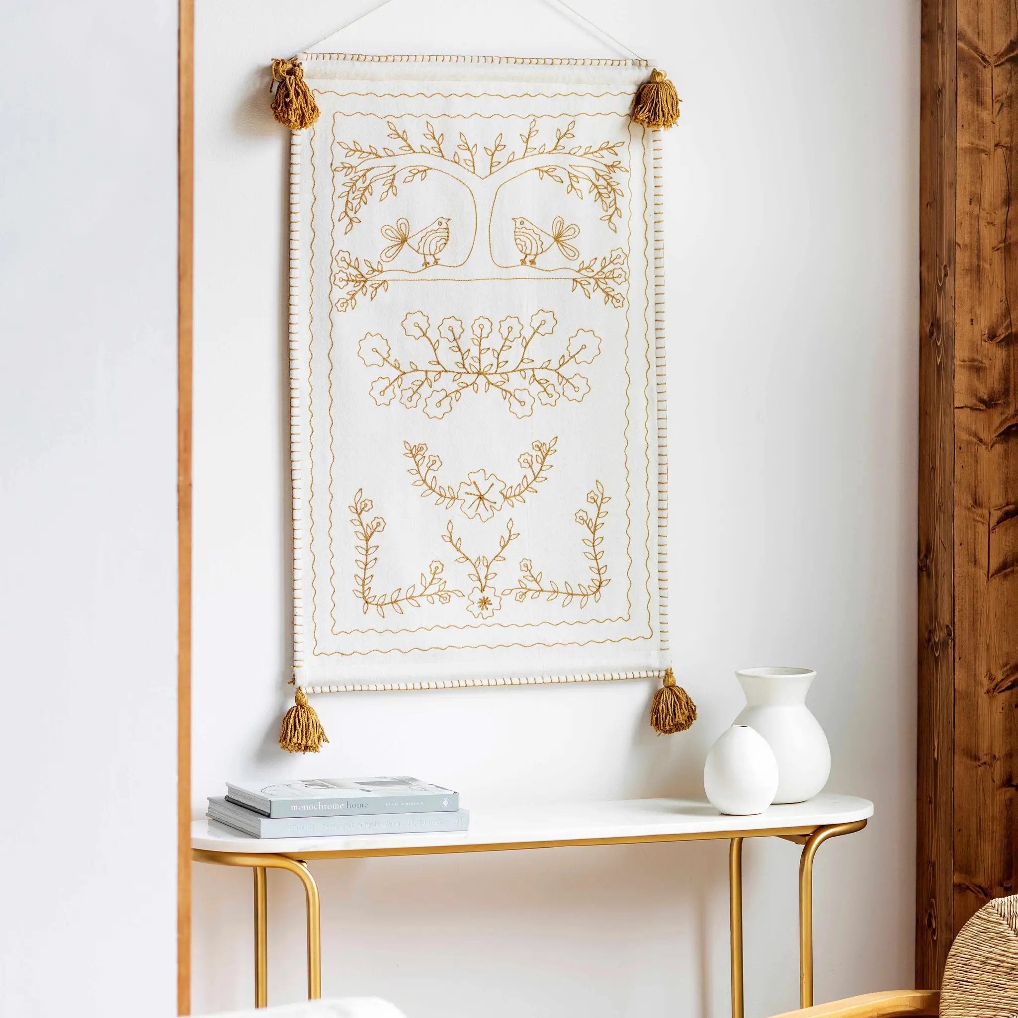 Schaffer Golden Embroidered Floral Wall Hanging by Boutique Rugs