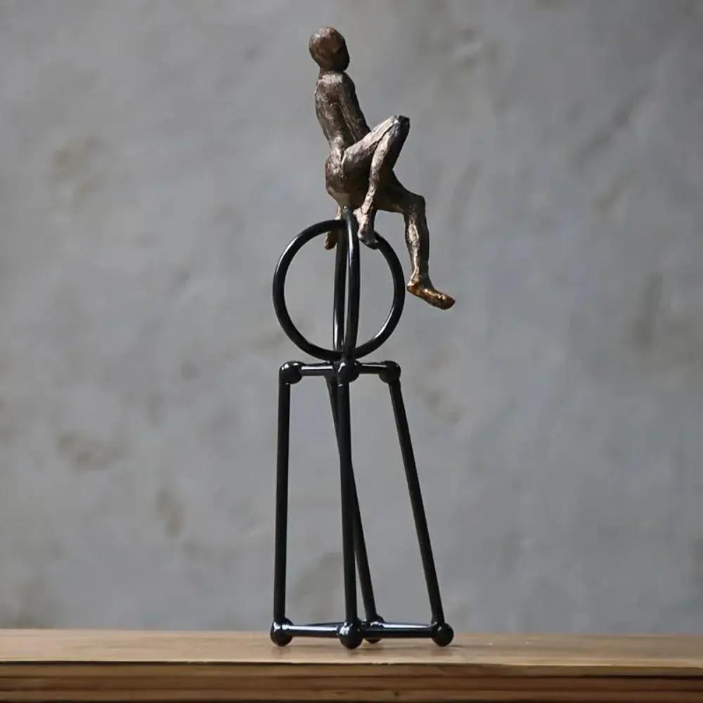 Abstract Seated Figure Sculpture on Geometric Stand – Modern Iron Table Decor by House Of Avana