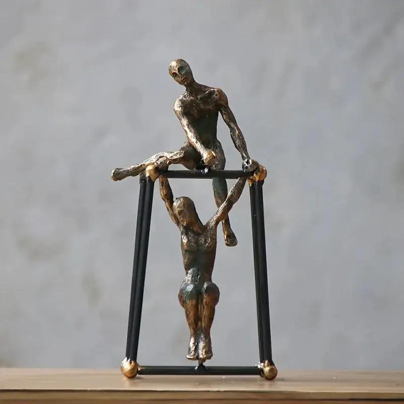 Abstract Two Figures Sculpture on Geometric Frame – Modern Bronze Iron Table Decor by House Of Avana