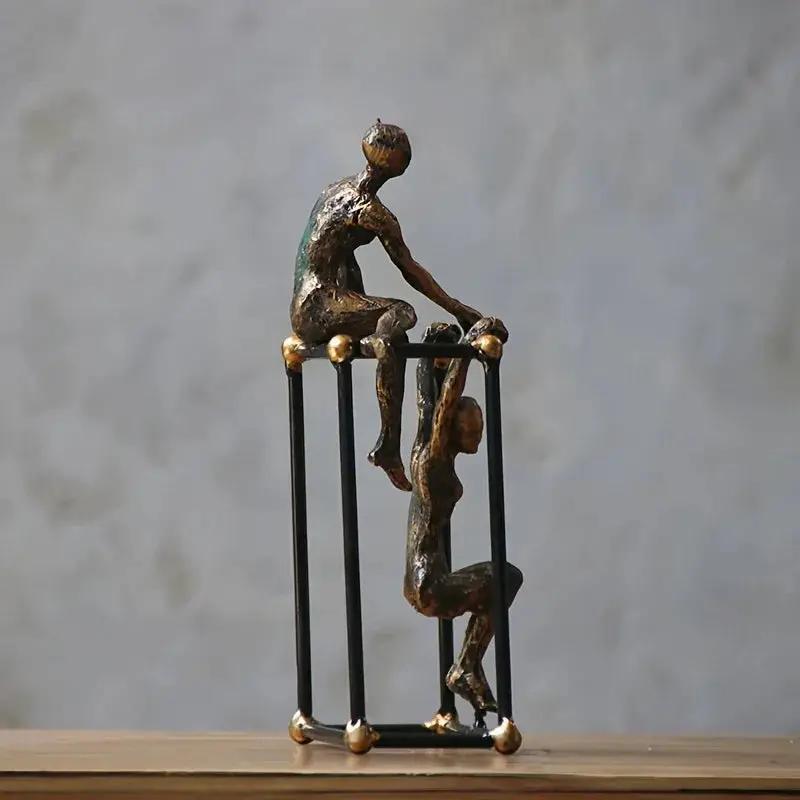 Abstract Two Figures Sculpture on Geometric Frame – Modern Bronze Iron Table Decor by House Of Avana