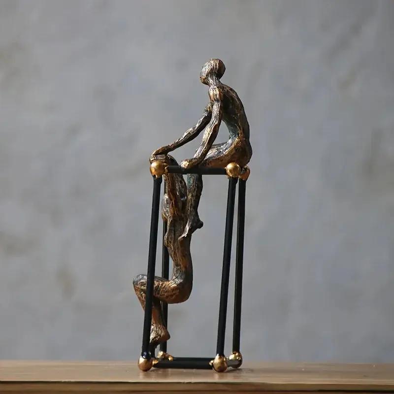 Abstract Two Figures Sculpture on Geometric Frame – Modern Bronze Iron Table Decor by House Of Avana