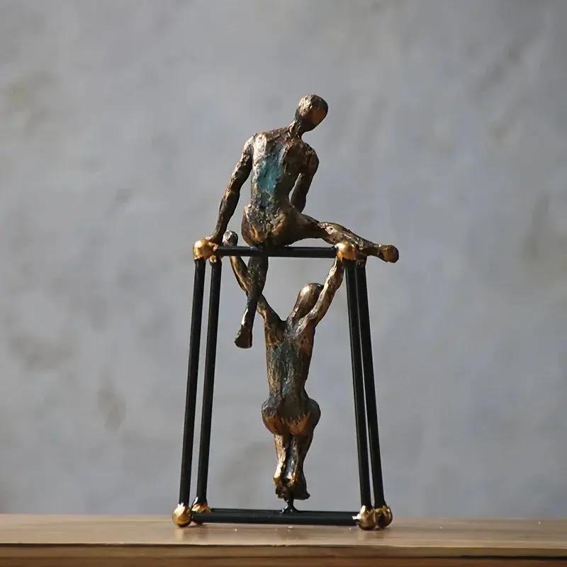 Abstract Two Figures Sculpture on Geometric Frame – Modern Bronze Iron Table Decor by House Of Avana