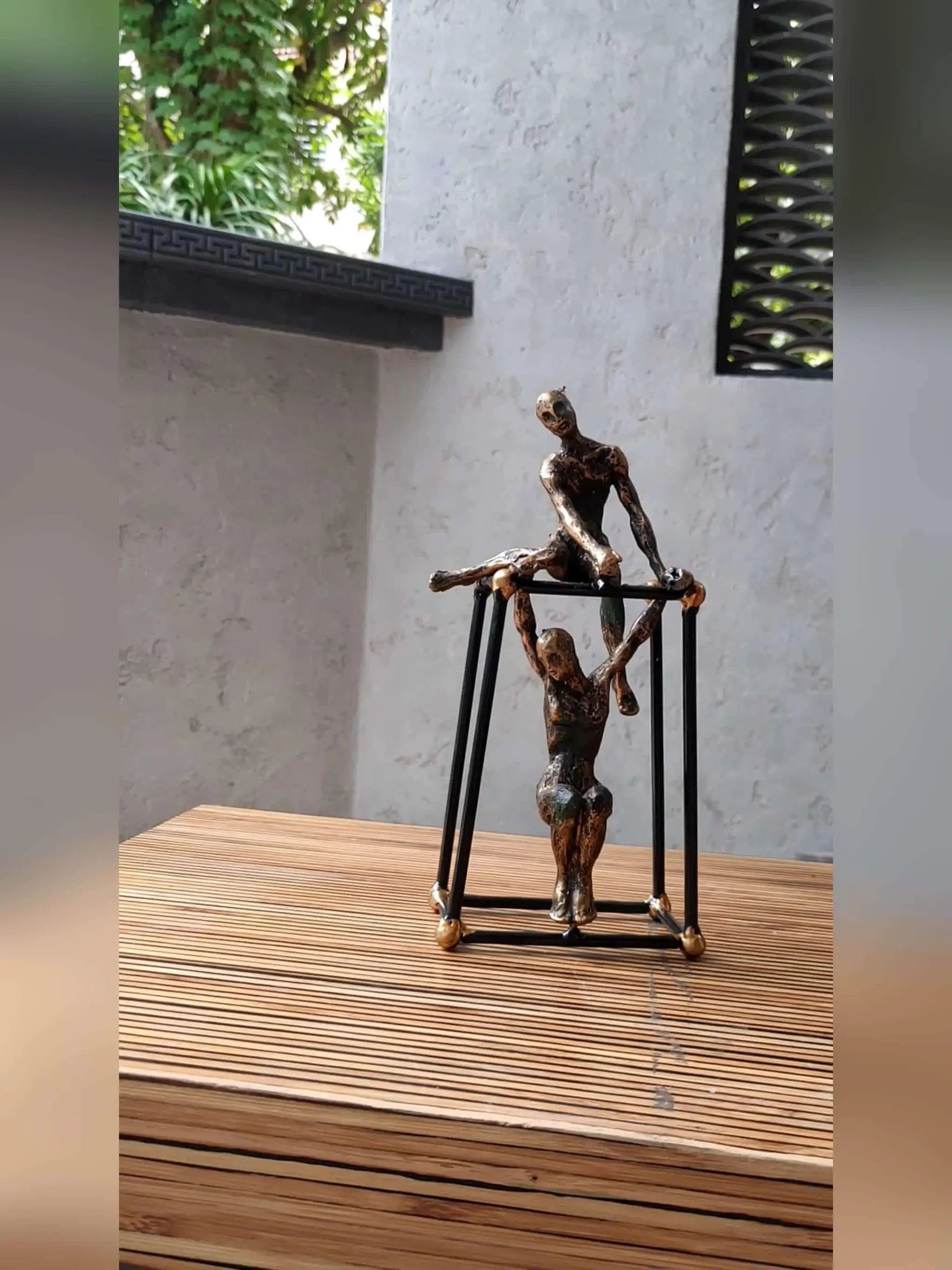 Abstract Two Figures Sculpture on Geometric Frame – Modern Bronze Iron Table Decor by House Of Avana