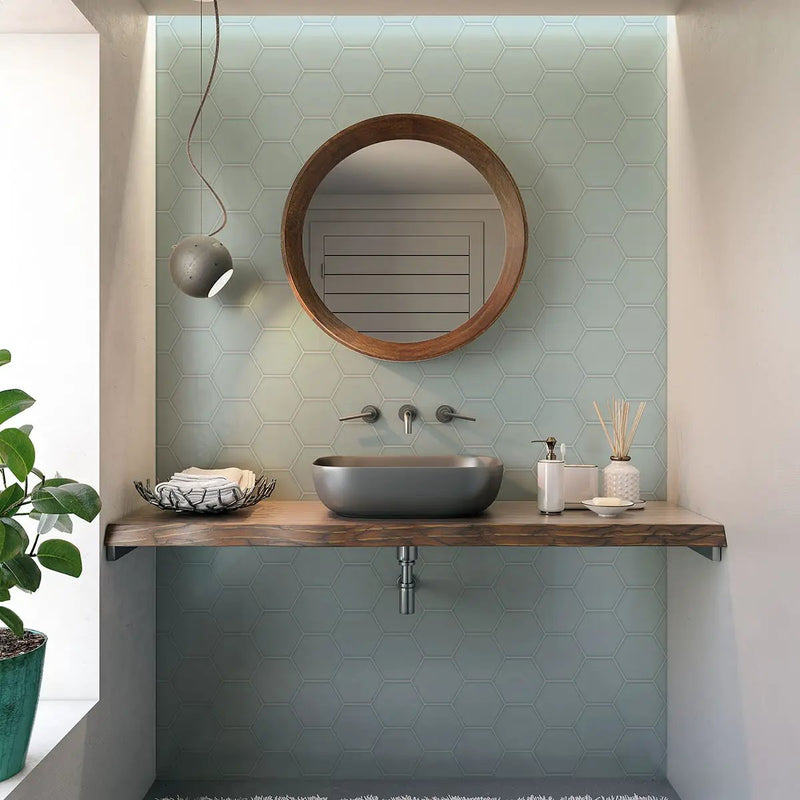 Seafoam Glossy Hexagon 5 Ceramic Tiles room scene 2
