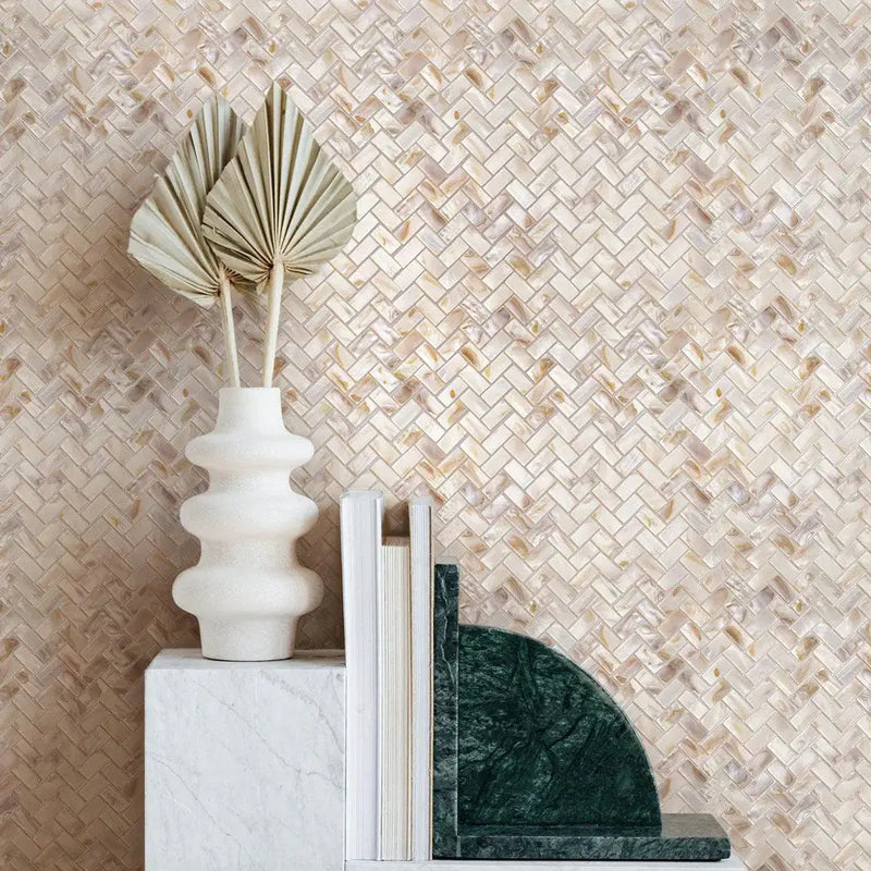 White Beige 11x11 Polished Herringbone Shell Mother of Pearl Mosaic Tile (20 pack, 16.19 sq ft/case) by Apollo Tile
