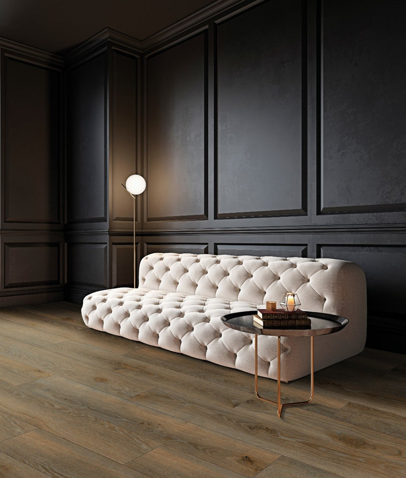 Selva Mahogany Natural Plank Wood Look Porcelain Tiles 10x72 installed in a living room