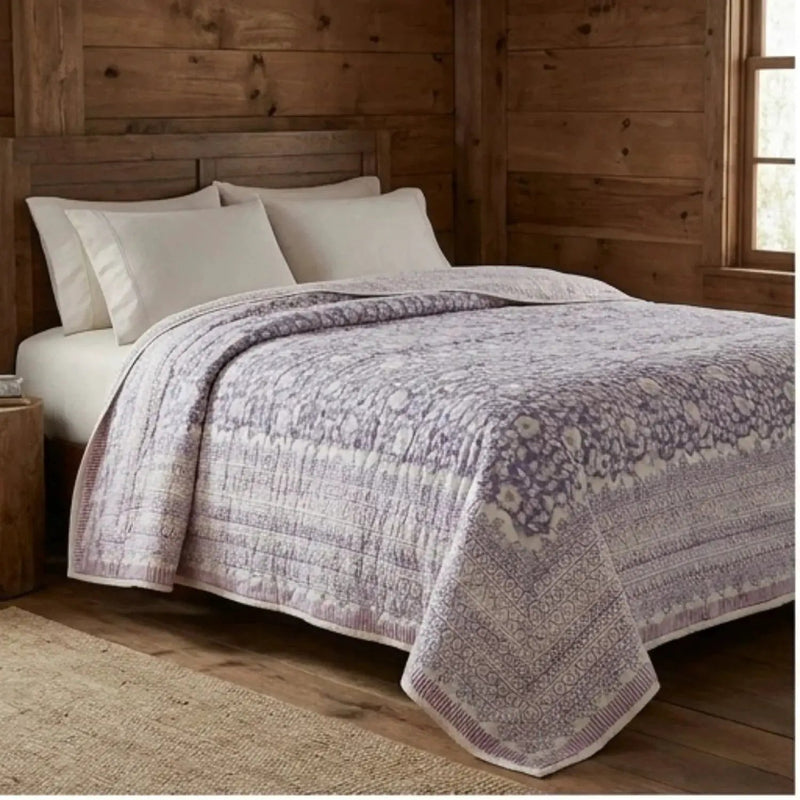 House of Avana Cream & Sage Green Floral Jaipur Indian Hand Block Print Quilted Comforter by House Of Avana
