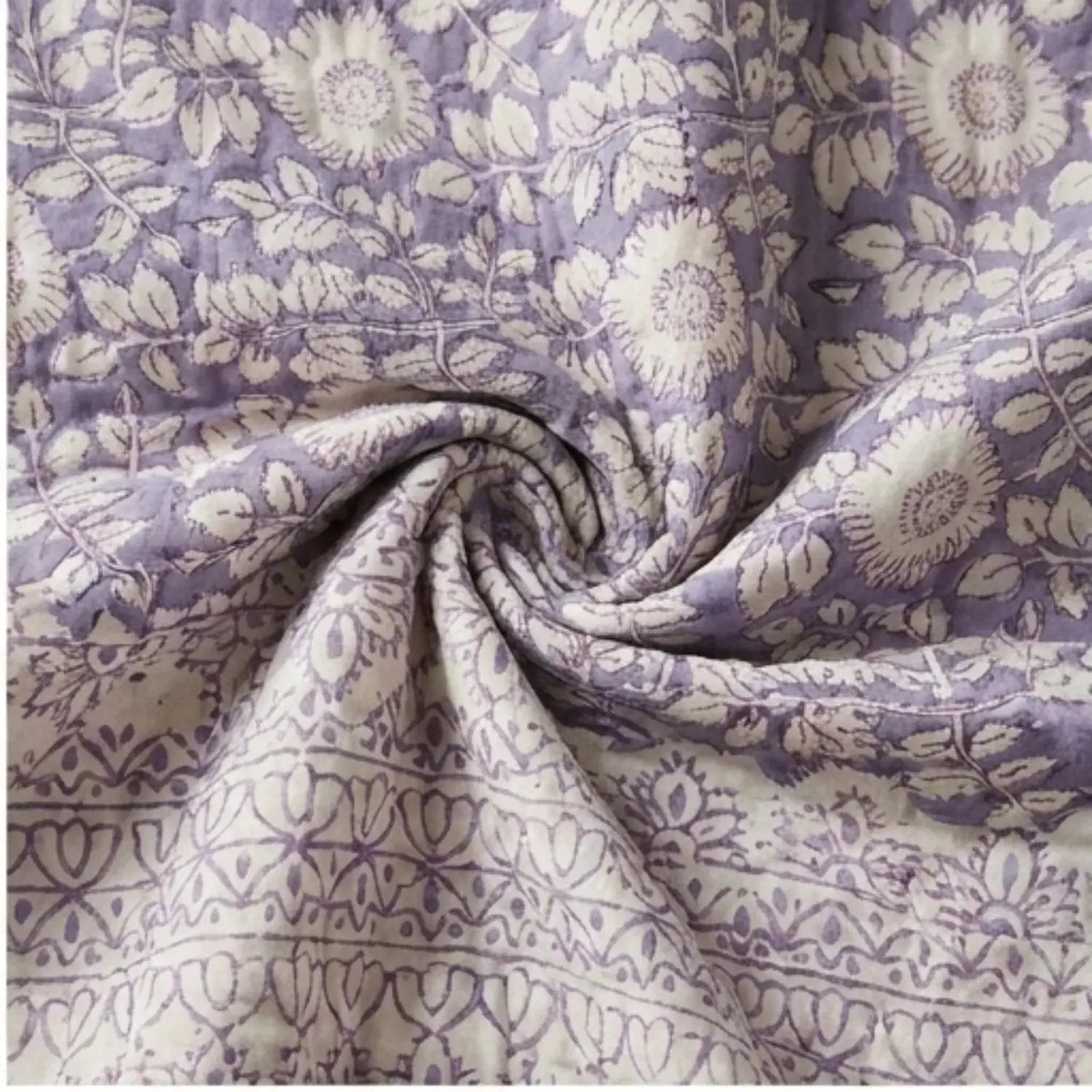 House of Avana Cream & Sage Green Floral Jaipur Indian Hand Block Print Quilted Comforter by House Of Avana