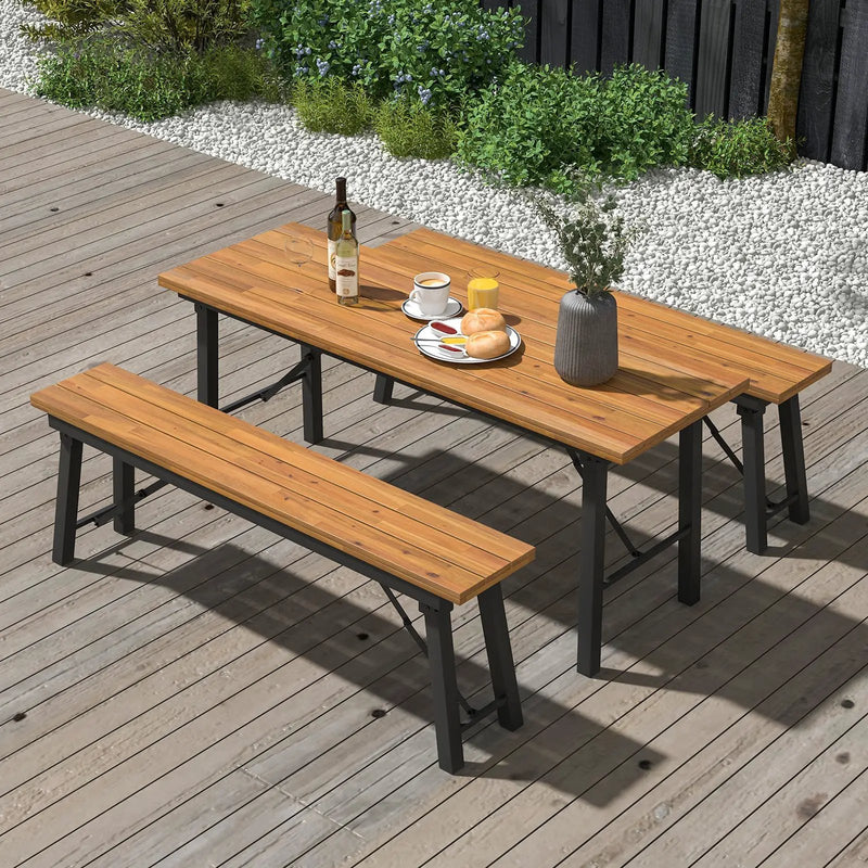 Outdoor Dining Table and Bench Set with Acacia Wood Top for Yard Garden Poolside by DirectDeals