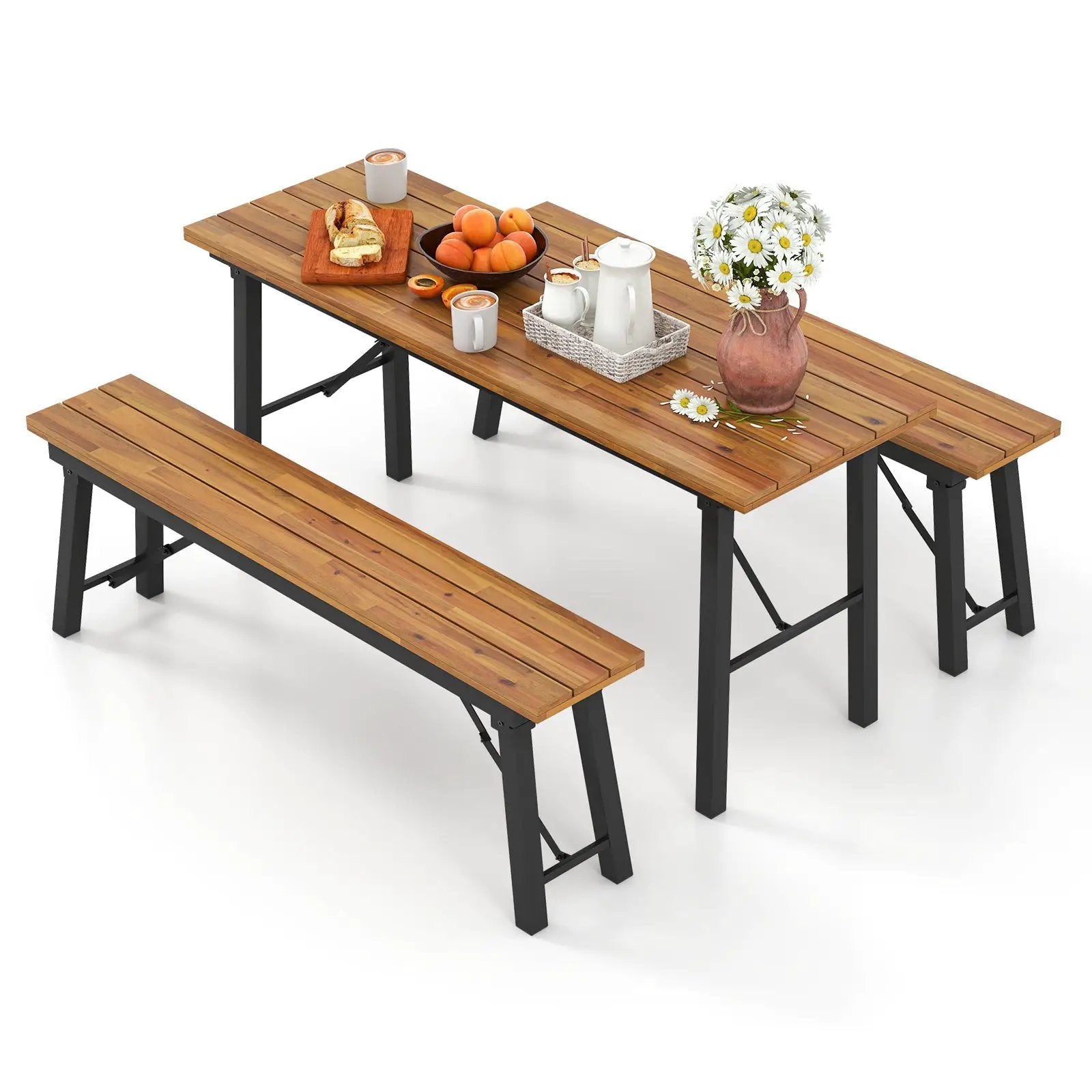 Outdoor Dining Table and Bench Set with Acacia Wood Top for Yard Garden Poolside by DirectDeals