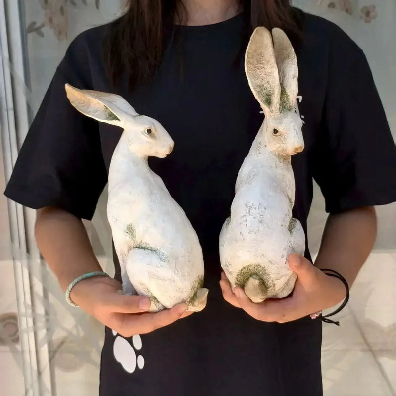 Set of 2 American-Style Long-Eared Rabbits with a Yellow And White Moss Design, Perfect for Spring And Summer. These Hand-Painted Resin Crafts Stand 12 Inches Tall And Make Great Decorative Gifts for Easter, Christmas, And Mo by House Of Avana