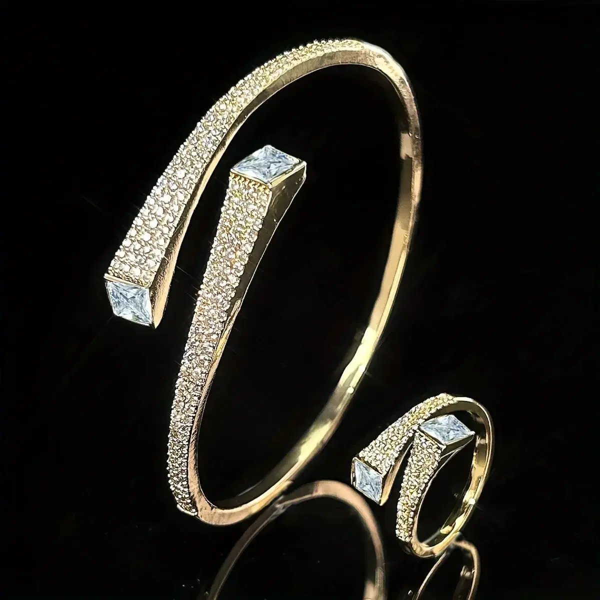 Set Of 2 Bracelets + Rings Set. Hot Selling Explosive Style With Super Shiny Irregular Geometric Synthetic Zirconia. Niche Design, Fashionable, Simple And High-end Open Jewelry. by House Of Avana
