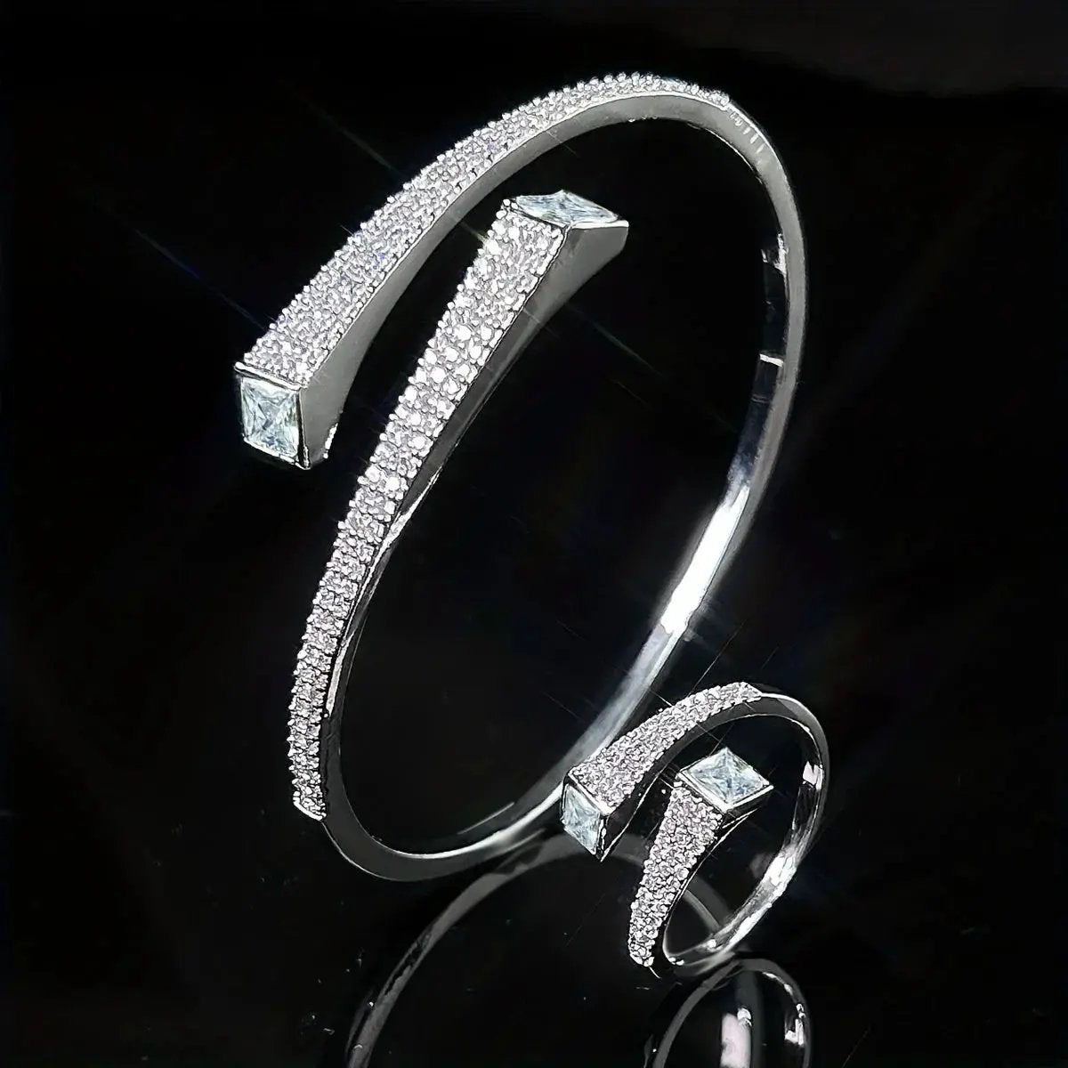 Set Of 2 Bracelets + Rings Set. Hot Selling Explosive Style With Super Shiny Irregular Geometric Synthetic Zirconia. Niche Design, Fashionable, Simple And High-end Open Jewelry. by House Of Avana