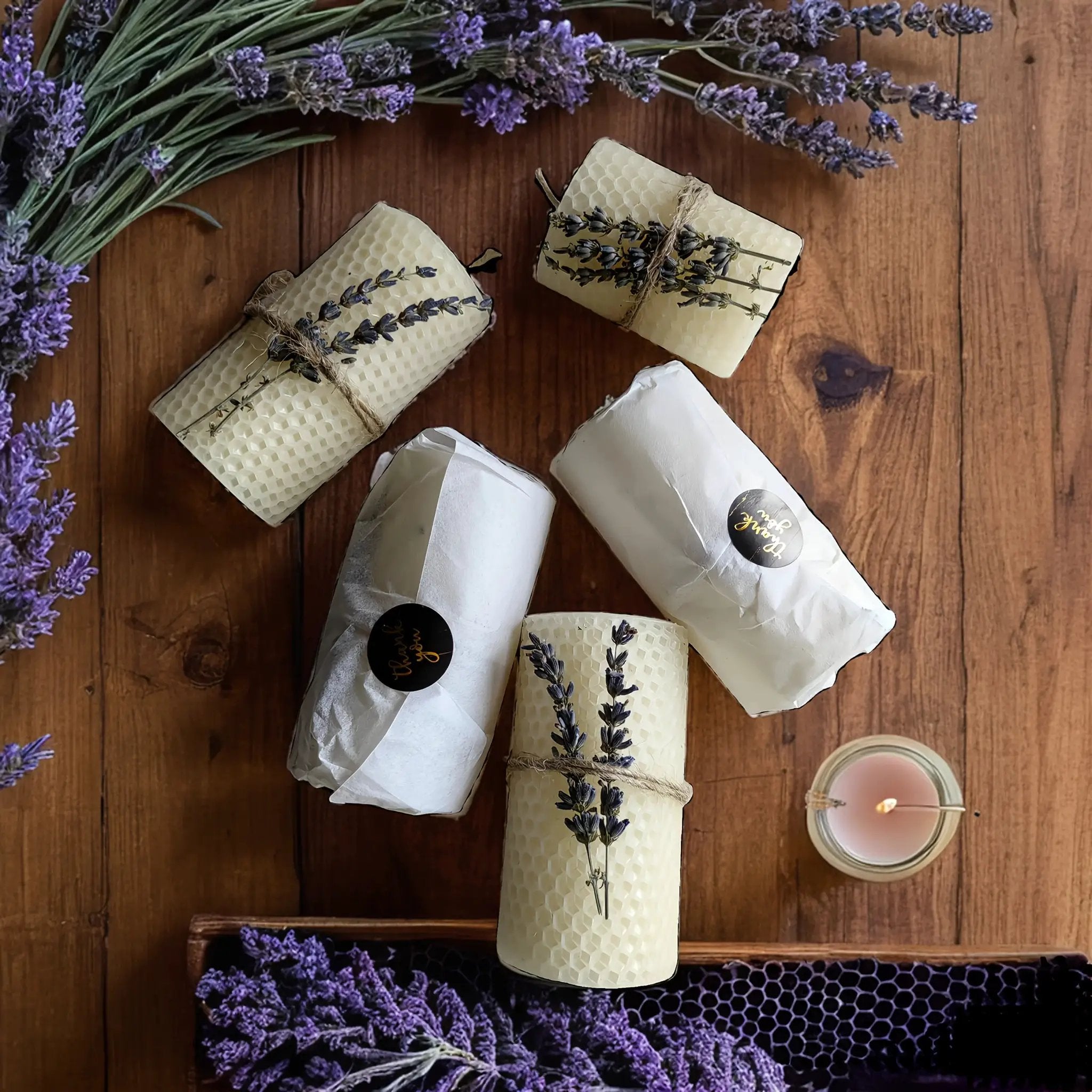 Set of 2 Lavender Beeswax Candles for Gifts by House Of Avana