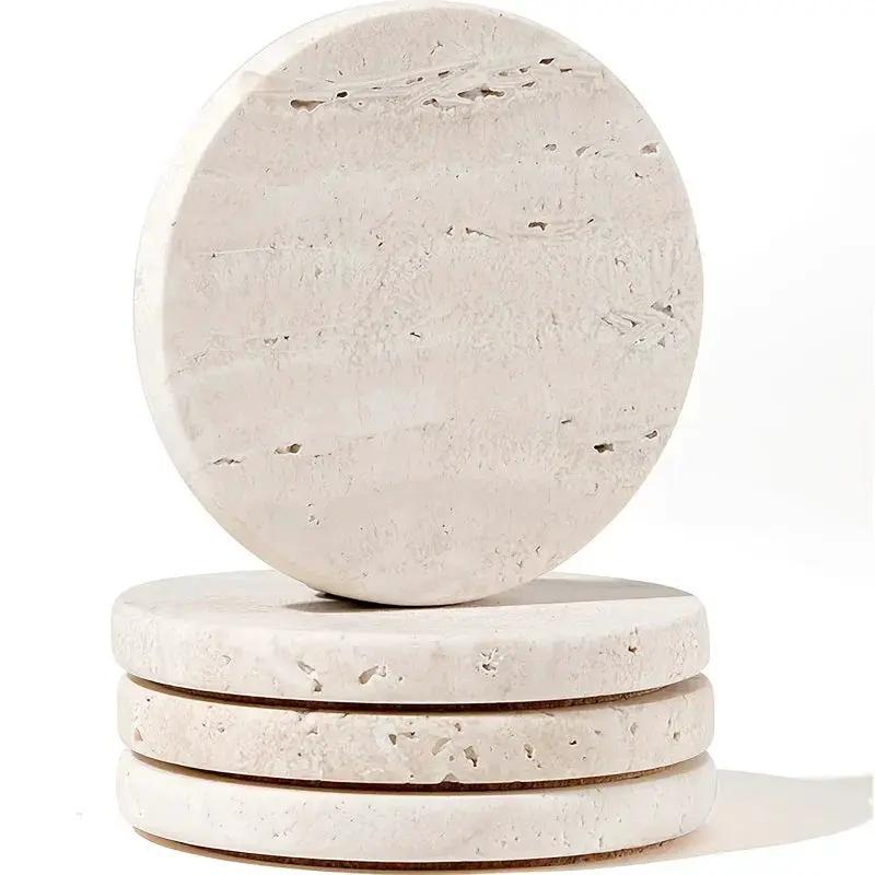Set of 4 Natural Beige & Marble Coasters with Non-Slip Cork Backing - 10.16cm Round Stone Drink Coasters, Beige/White/Gray/Black Marble Patterns, Sturdy & Durable Table Protectors for Home Decor, Housewarming Wedding Gift, Sc by House Of Avana