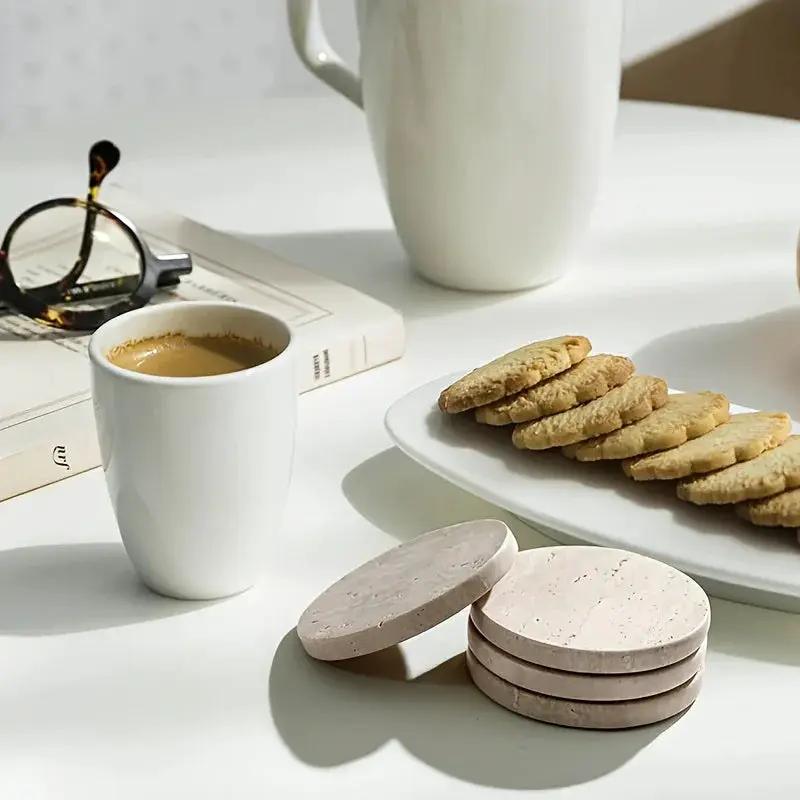 Set of 4 Natural Beige & Marble Coasters with Non-Slip Cork Backing - 10.16cm Round Stone Drink Coasters, Beige/White/Gray/Black Marble Patterns, Sturdy & Durable Table Protectors for Home Decor, Housewarming Wedding Gift, Sc by House Of Avana