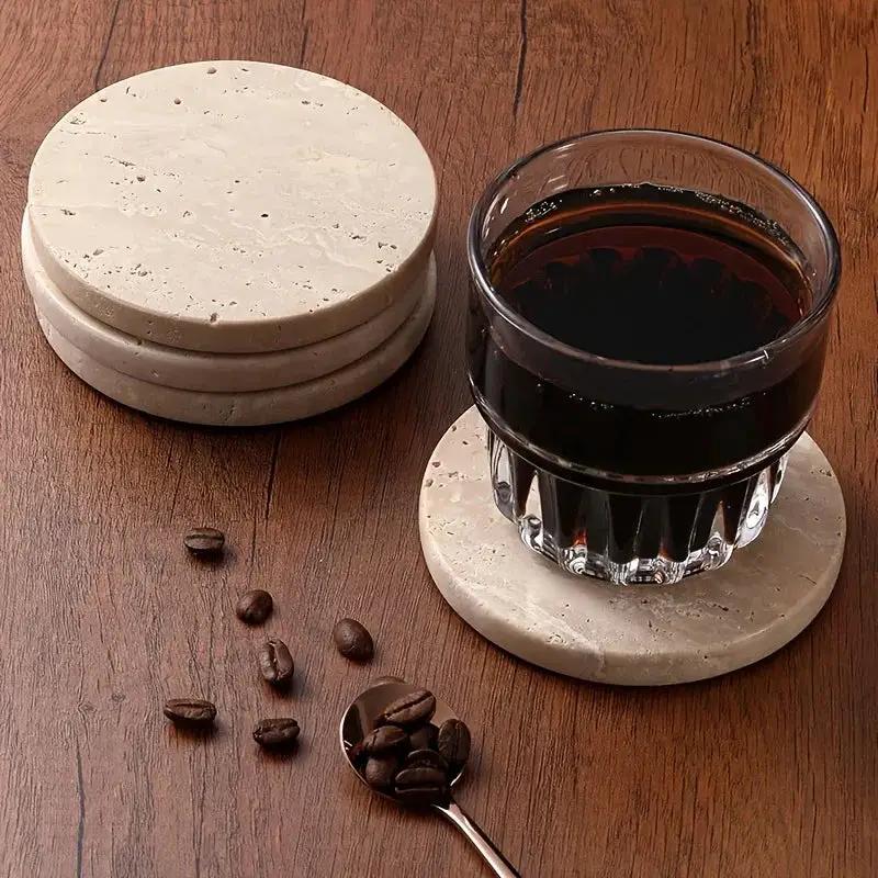 Set of 4 Natural Beige & Marble Coasters with Non-Slip Cork Backing - 10.16cm Round Stone Drink Coasters, Beige/White/Gray/Black Marble Patterns, Sturdy & Durable Table Protectors for Home Decor, Housewarming Wedding Gift, Sc by House Of Avana