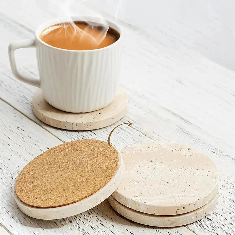 Set of 4 Natural Beige & Marble Coasters with Non-Slip Cork Backing - 10.16cm Round Stone Drink Coasters, Beige/White/Gray/Black Marble Patterns, Sturdy & Durable Table Protectors for Home Decor, Housewarming Wedding Gift, Sc by House Of Avana