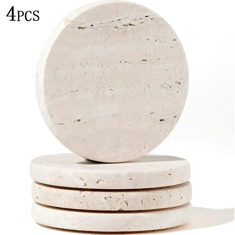 Set of 4 Natural Beige & Marble Coasters with Non-Slip Cork Backing - 10.16cm Round Stone Drink Coasters, Beige/White/Gray/Black Marble Patterns, Sturdy & Durable Table Protectors for Home Decor, Housewarming Wedding Gift, Sc by House Of Avana